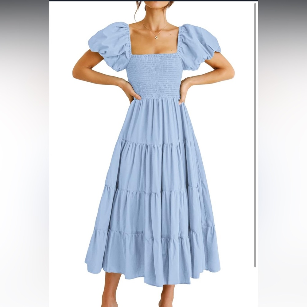 Smocked Square-Neck Midi Dress with Puff Sleeves - Light Blue